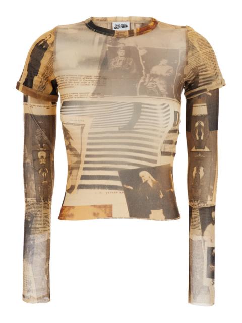 Jean Paul Gaultier Jean Paul Gaultier Women Multicolor Crewneck Cropped Top With Long Sleeves And All-Over Print In Tec