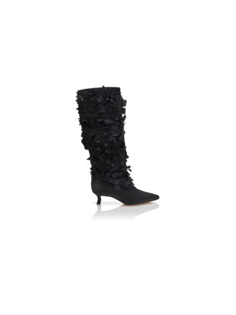 Manolo Blahnik Black Crepe Satin Knee High Boots