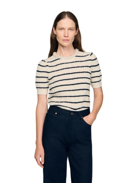 Sandro SANDRO Striped sweater with pearl collar in Ecru at Nordstrom