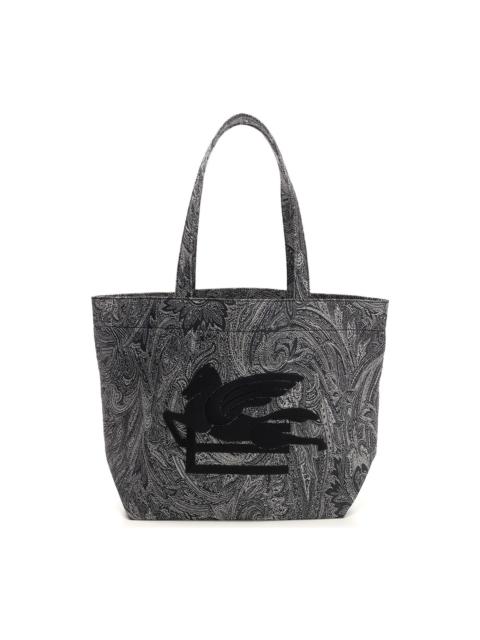Navy Blue Large Tote Bag With Paisley Jacquard Motif