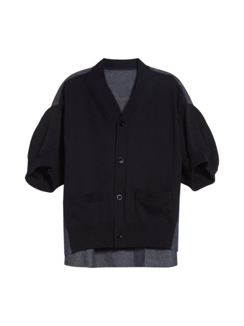 sacai Sacai Short Sleeve Mixed Media Cardigan in Navy/Blue at Nordstrom