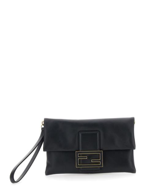 FENDI Fendi Women Black Pouch With Wrist Strap And Ff Plaque Closure In Leather Woman