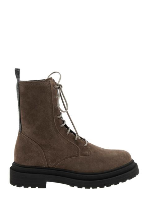 Brunello Cucinelli Women Brown Ankle Boots With Monil Detail On The Rear And Side Zip Closure In Lea