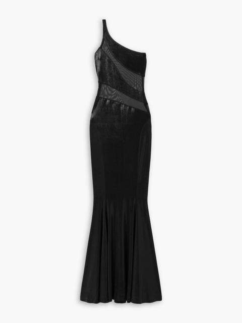 NORMA KAMALI Snake one-shoulder mesh-paneled metallic stretch-jersey gown