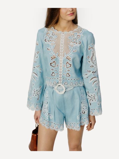 FARM RIO Light Blue Romantic Richelieu Belted Shorts