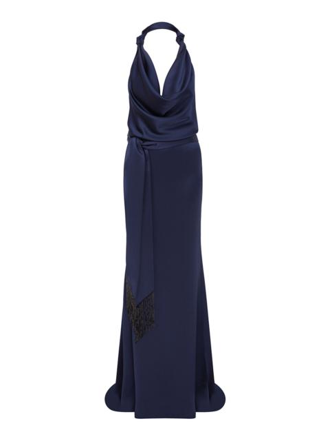 ILA Ria Knotted Satin Halter Gown navy