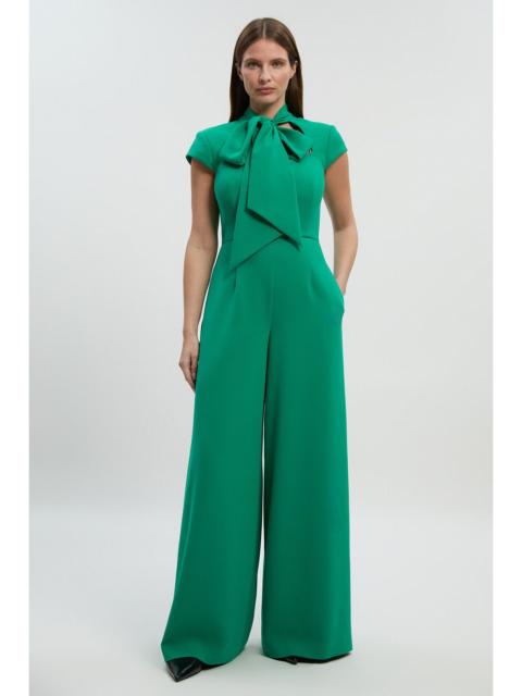 KAREN MILLEN Compact Stretch Bow Tie Neck Tailored Wide Leg Jumpsuit