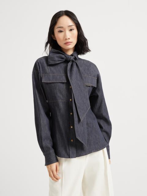 Brunello Cucinelli Lightweight no-fade denim pussybow shirt with shiny flap detail