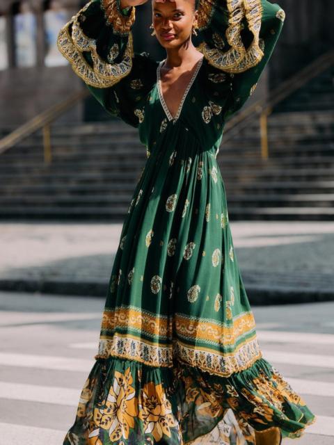 FARM RIO Green Ayla Long Sleeve Ruffled Maxi Dress