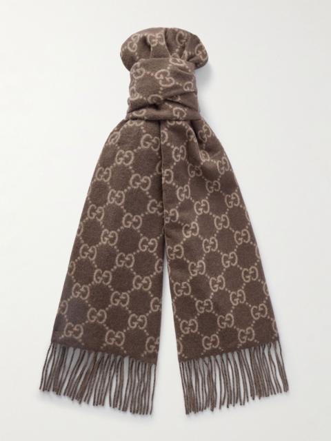 GUCCI Fringed Logo-Jacquard Cashmere Scarf Brown