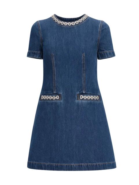 self-portrait DENIM CRYSTAL TRIM MINI DRESS