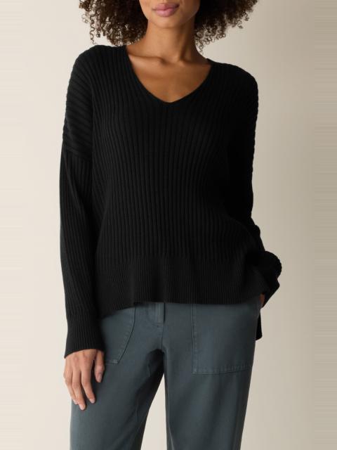 EILEEN FISHER Eileen Fisher Cotton & Tencel™ lyocell Ribbed V-Neck Sweater in Black at Nordstrom