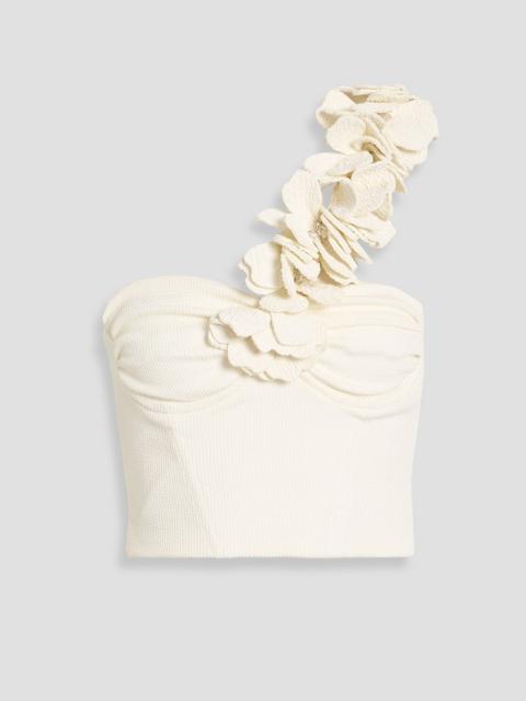 PatBO Merian one-shoulder floral-appliquéd textured-knit top