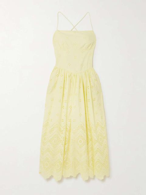 Drawstring broderie anglaise cotton midi dress Yellow