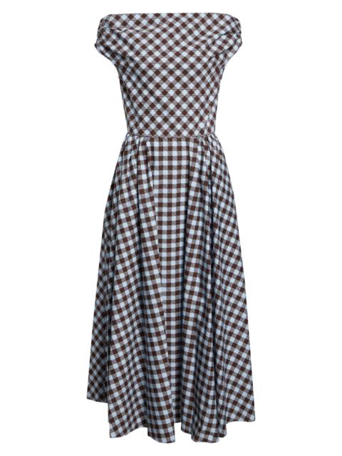 Oscar de la Renta Oscar de la Renta Gingham Print Cotton Stretch Poplin Off the Shoulder Dress in Ice/Mahogany at Nord