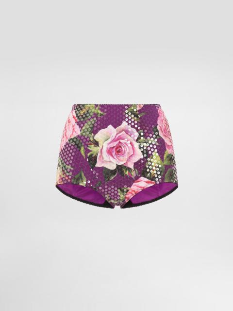 Sequin-embroidered cady high-waisted panties with rose print
