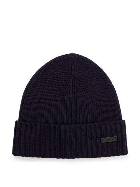 BOSS BEANIE HAT IN VIRGIN WOOL WITH LOGO PLAQUE