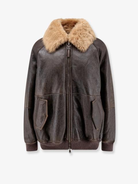 Brunello Cucinelli Brunello Cucinelli Leather Jacket with Shearling Collar Brown