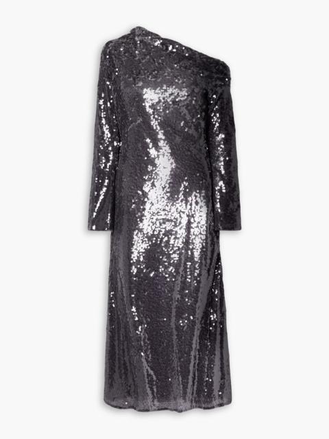 self-portrait Asymmetric sequined mesh midi dress