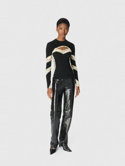 Marine Serre Draped Jersey & Lace LS Crewneck Top