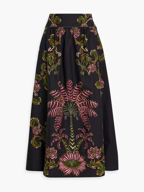 FARM RIO Printed cotton-poplin midi skirt
