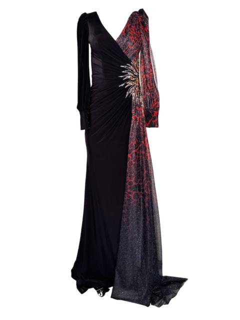 Other Designers Dekolte - Red V-neck Leopard Pattern Evening Dress