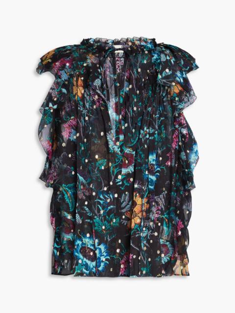 ULLA JOHNSON Dominique ruffled printed metallic fil coupé silk-blend crepon top