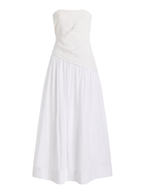 STAUD Nia Strapless Cotton Midi Dress white