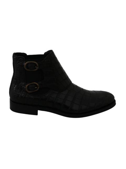 Dolce & Gabbana Black Crocodile Leather Derby Boots Shoes