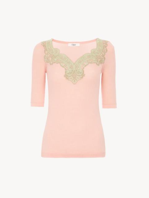 Chloé ELBOW-SLEEVE FITTED SWEATER IN A WOOL KNIT & LACE