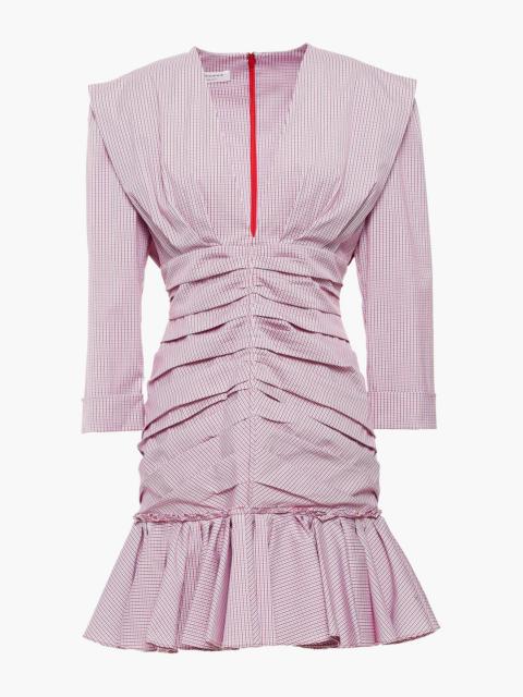 Other Designers Ruched gingham cotton-blend poplin mini dress