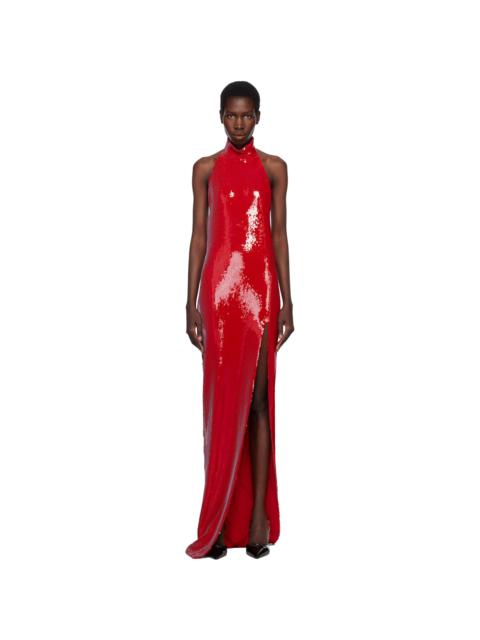 Balmain Red Long Sequin Halterneck Maxi Dress