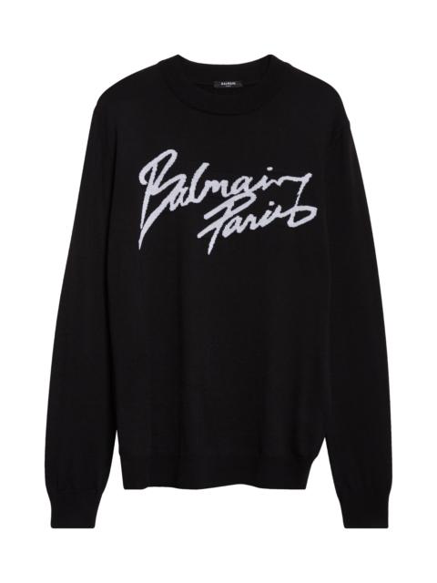 Balmain Balmain Paris Logo Intarsia Merino Wool Blend Sweater in Black/White at Nordstrom