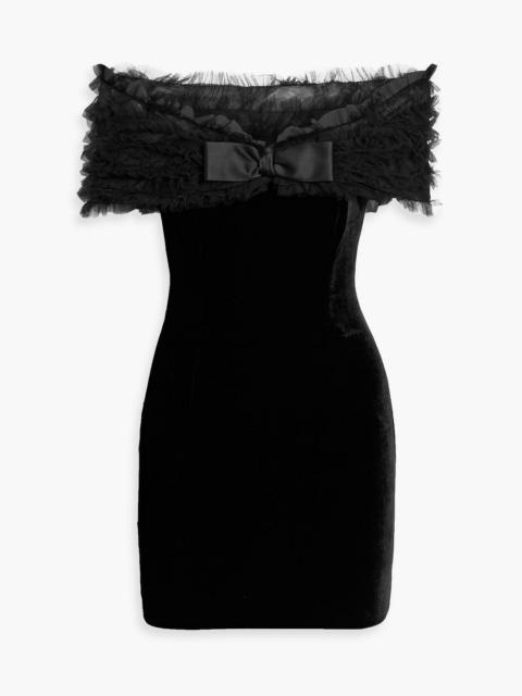 Alessandra Rich Off-the-shoulder tulle-trimmed velvet mini dress