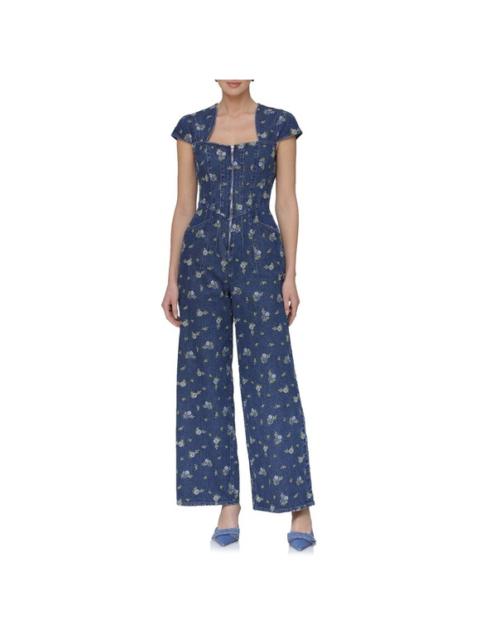 Other Designers Avec Les Filles Floral Cap Sleeve Wide‎ Leg Denim Jumpsuit Floral Sz 12 $249