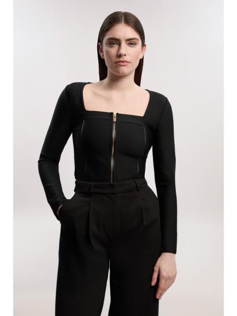 KAREN MILLEN PU Tipped Detail Zip Through Bandage Knit Top