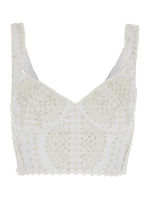 Charo Ruiz Charo Ruiz Women 'Goldie' White Top With V-Neck On The Front And Perforated Design In Cotton And Lin