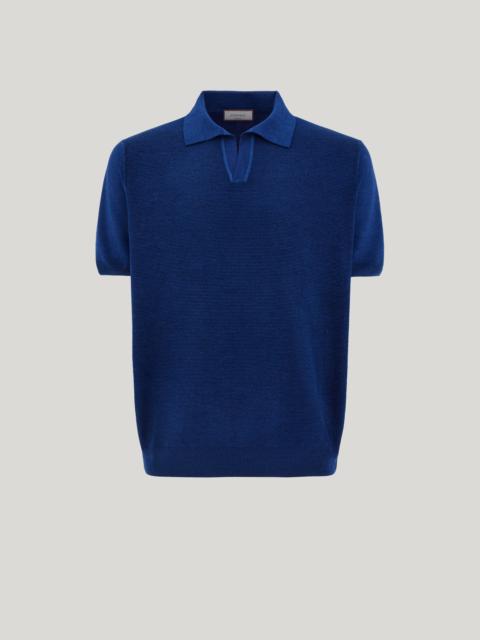 Canali DENIM BLUE OPEN COLLAR POLO SHIRT IN WOOL AND SILK BLEND