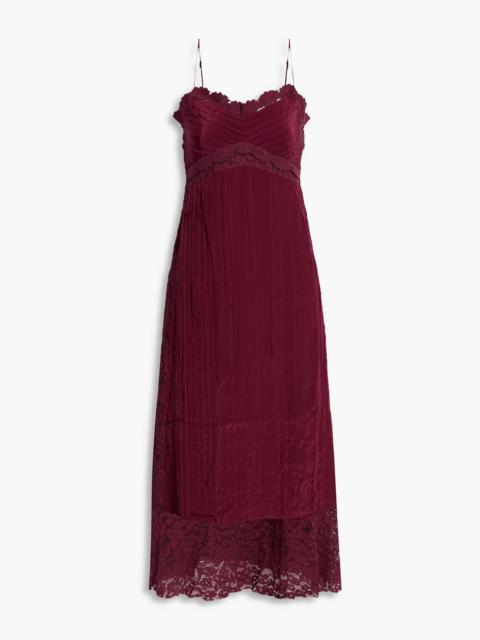 FARM RIO Pintucked crepe de chine and corded lace midi dress