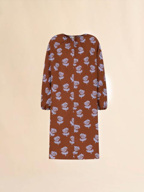Marni BROWN POPLIN MIDI DRESS WITH SPRAYED ROSES PRINT