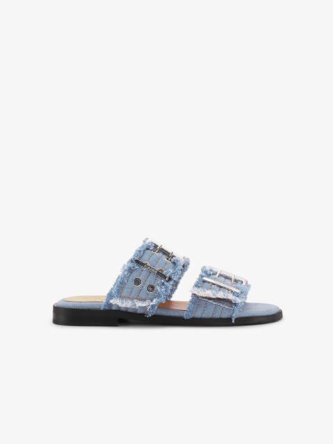 GANNI BLUE DENIM FEMININE BUCKLE TWO-STRAP SANDALS