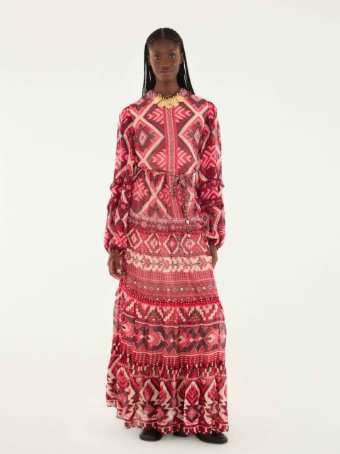 FARM RIO Red Graphic Ainika Belted Tiered Maxi Dress
