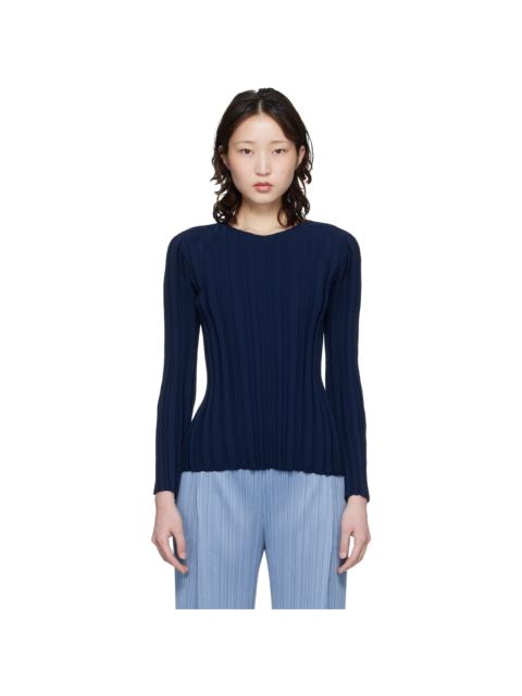 Pleats Please Issey Miyake Navy Rib Knit Top