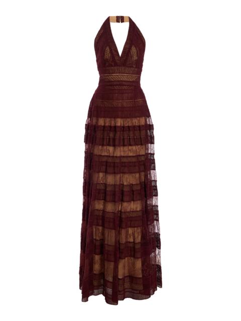 ELIE SAAB Lace & Macrame Gown burgundy