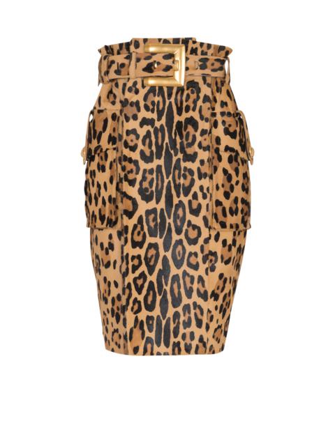 Balmain Ponyskin-style leather midi skirt with leopard pattern