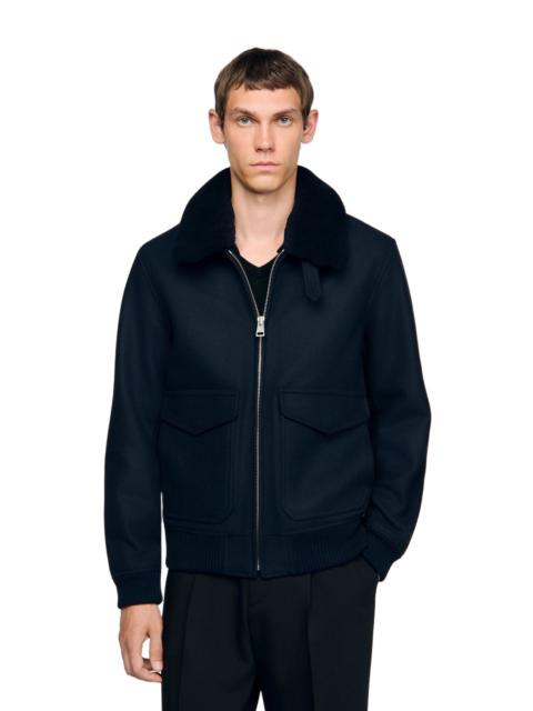 Sandro SANDRO Wool aviator jacket with shearling in Navy Blue at Nordstrom