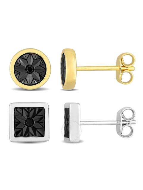 Other Designers Amour Men's 2-Piece Set of Square and Round Black Diamond Stud Earrings in Yellow and Sterling Silve