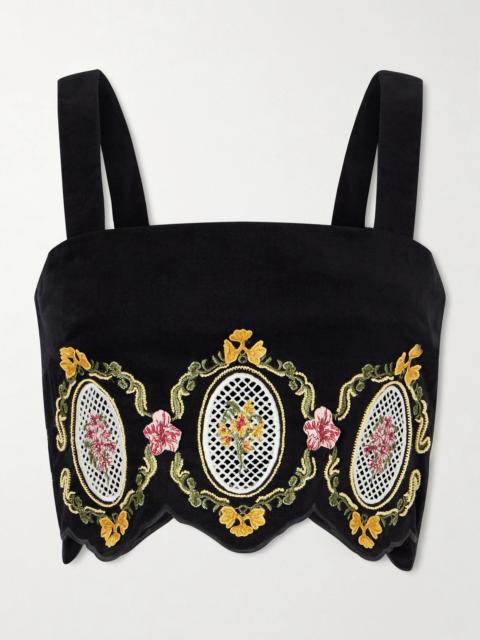 Agua by Agua Bendita Luciana Cordillera Scalloped Embroidered Cotton-blend Velvet Top