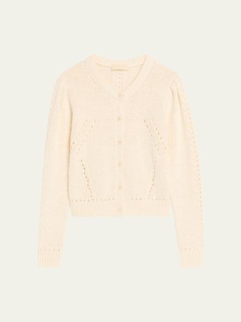 ULLA JOHNSON Delphina Pointelle Knit Puff-Sleeve Crewneck Cardigan
