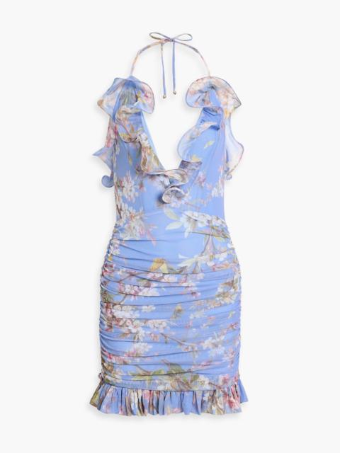 PatBO Delicata ruffled floral-print mesh halterneck mini dress
